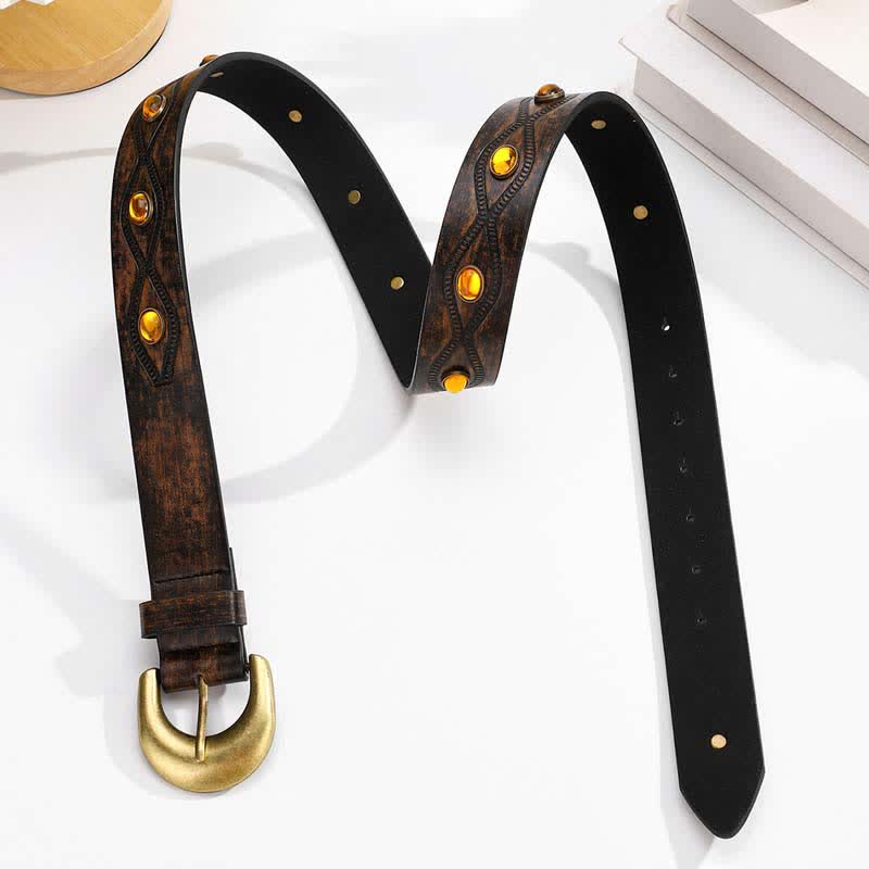 Dark Coffee Bright Gemstone Rivets Leather Belt - image 1