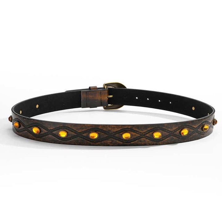 Dark Coffee Bright Gemstone Rivets Leather Belt - image 3