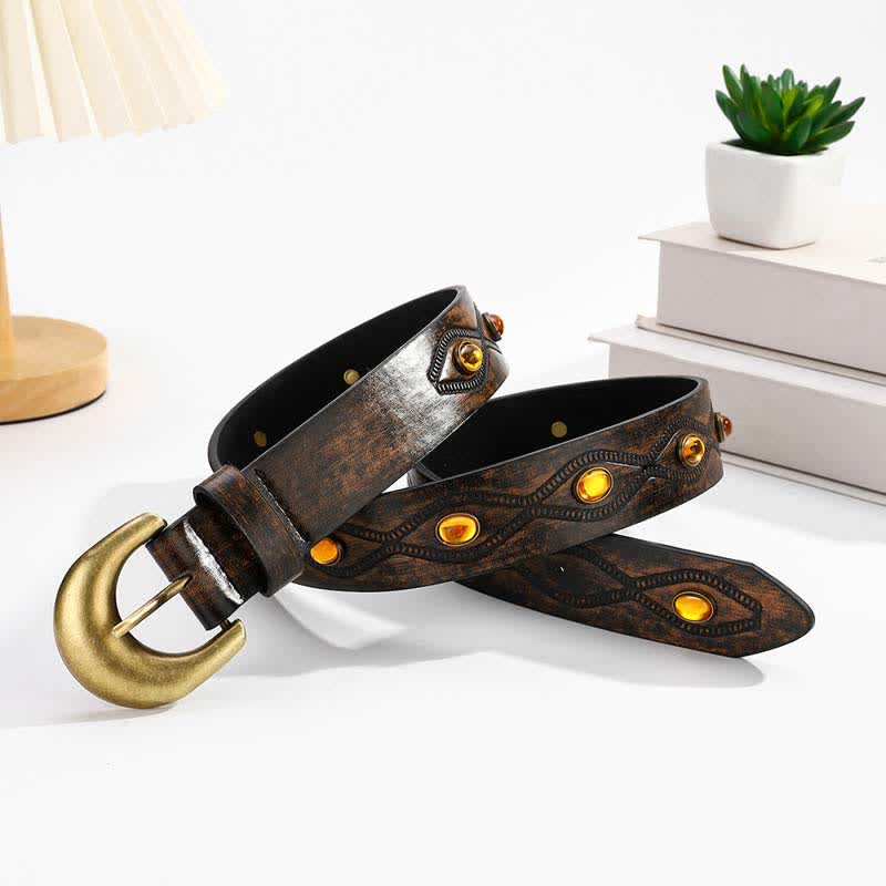 Dark Coffee Bright Gemstone Rivets Leather Belt - Dark Brown - 40 - image 0