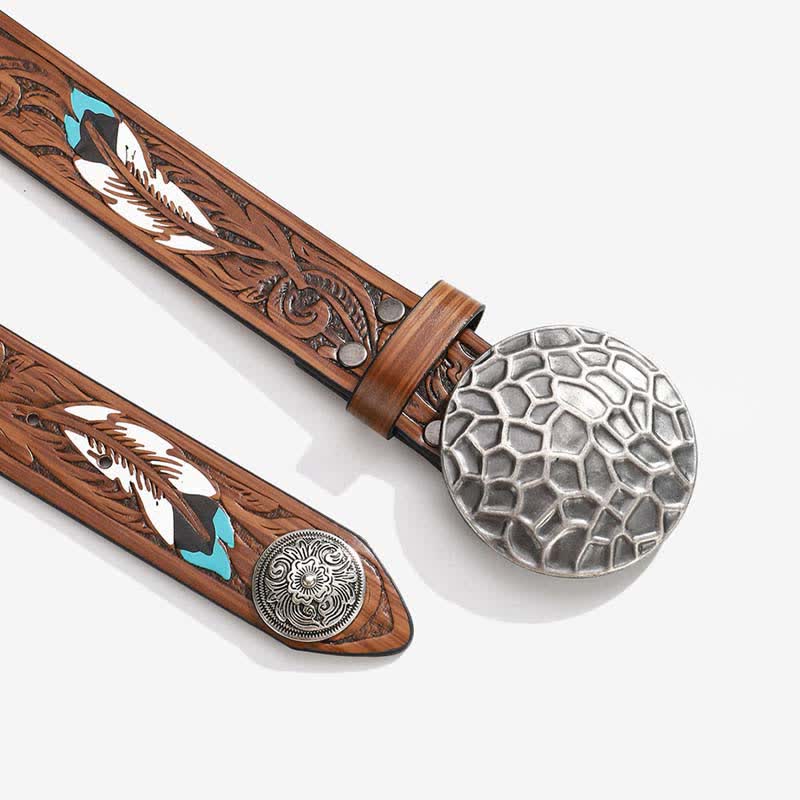Round Floral Rivets Rivets Feather Pattern Leather Belt - image 1