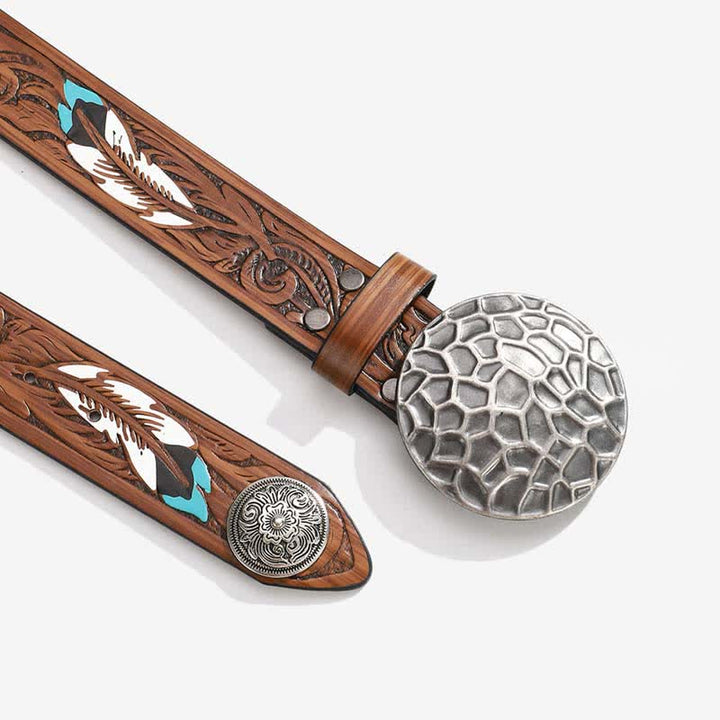 Round Floral Rivets Rivets Feather Pattern Leather Belt - image 1