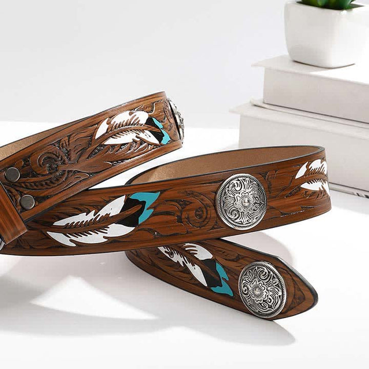 Round Floral Rivets Rivets Feather Pattern Leather Belt - image 2