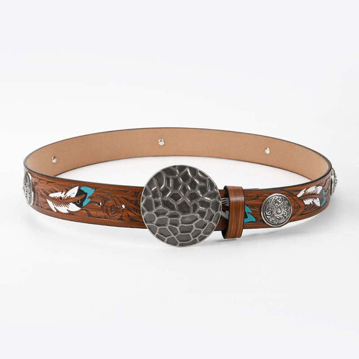 Round Floral Rivets Rivets Feather Pattern Leather Belt - image 3