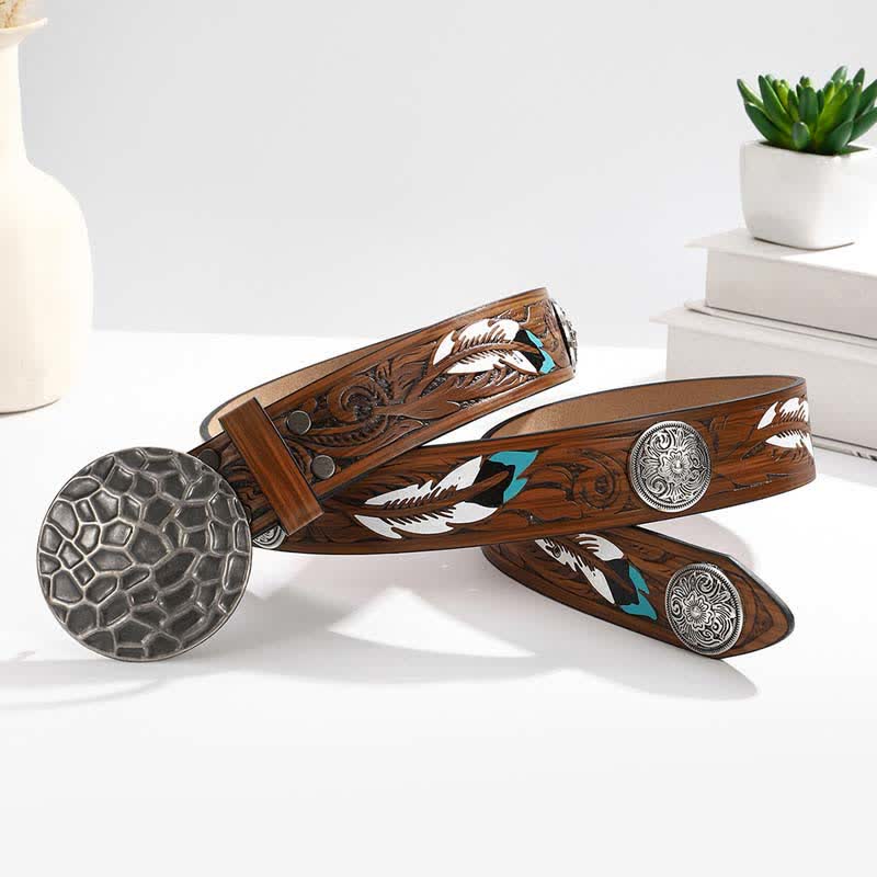Round Floral Rivets Rivets Feather Pattern Leather Belt - Brown - 40 - image 0