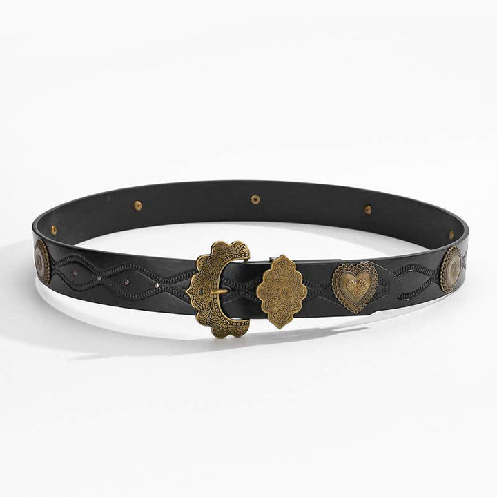 Antique Bronze Heart & Round Rivets Black Leather Belt - image 2