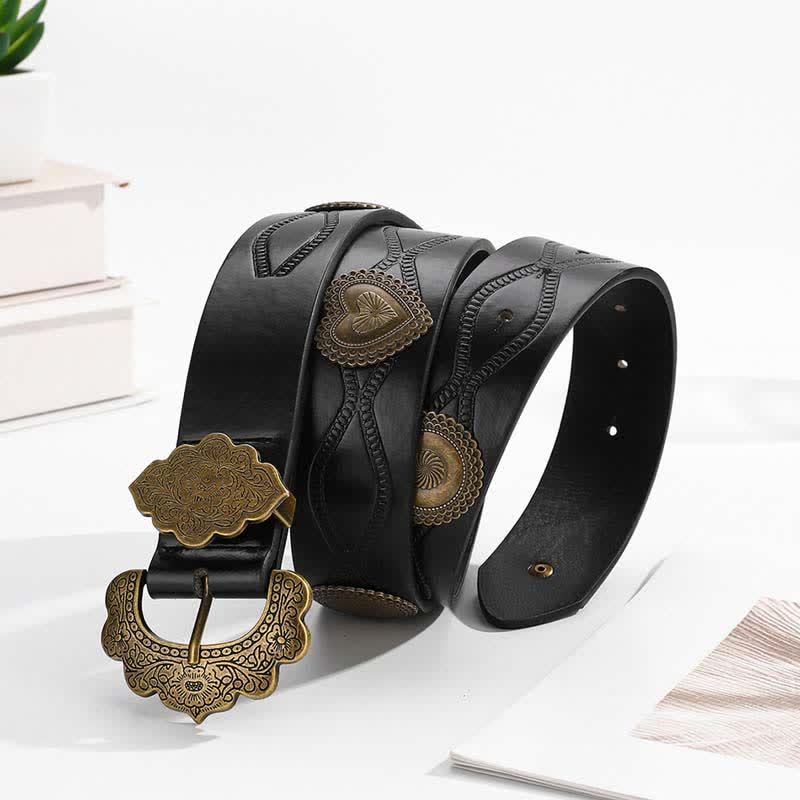 Antique Bronze Heart & Round Rivets Black Leather Belt - image 1
