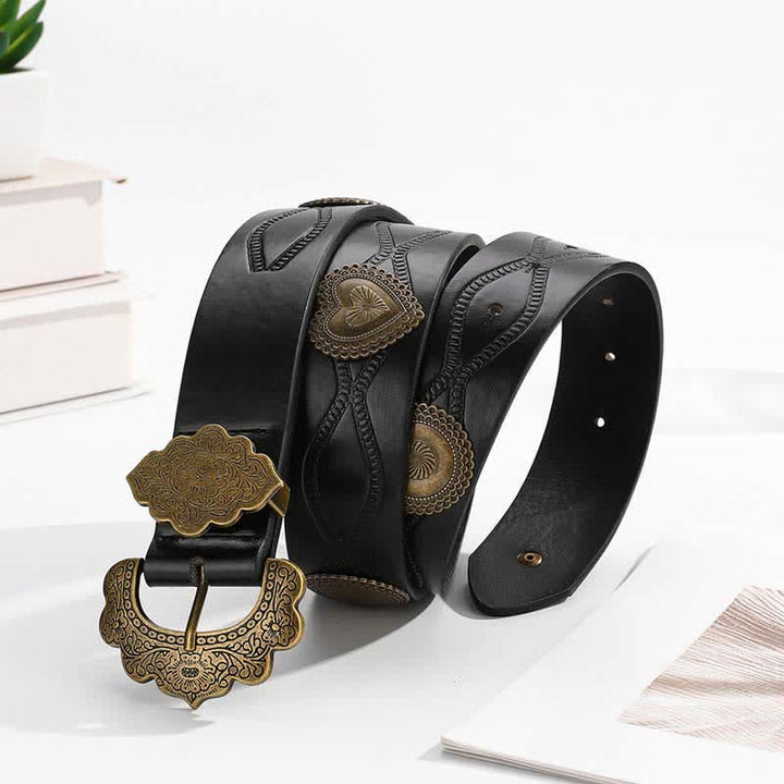 Antique Bronze Heart & Round Rivets Black Leather Belt - image 1