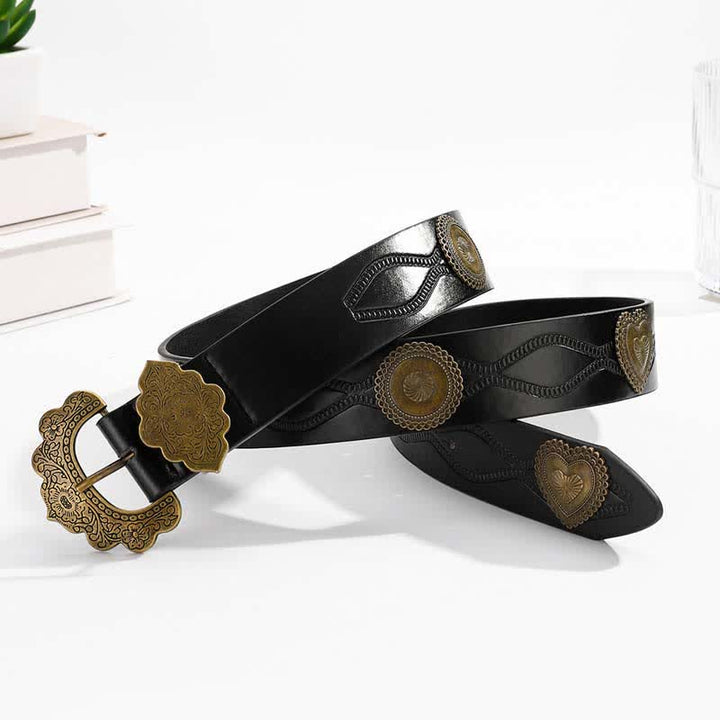 Antique Bronze Heart & Round Rivets Black Leather Belt - Black - 38 - image 0