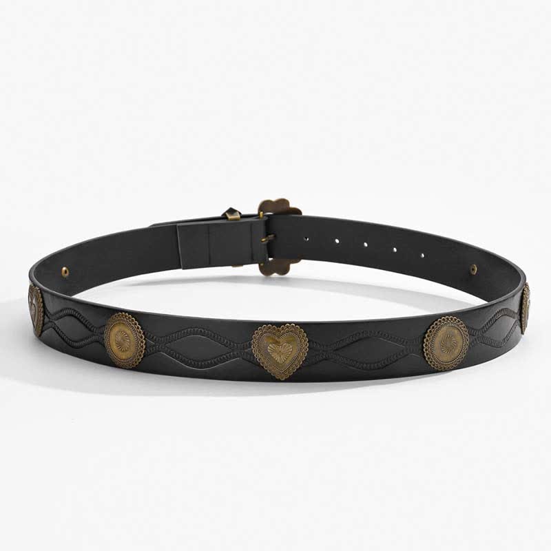 Antique Bronze Heart & Round Rivets Black Leather Belt - image 3