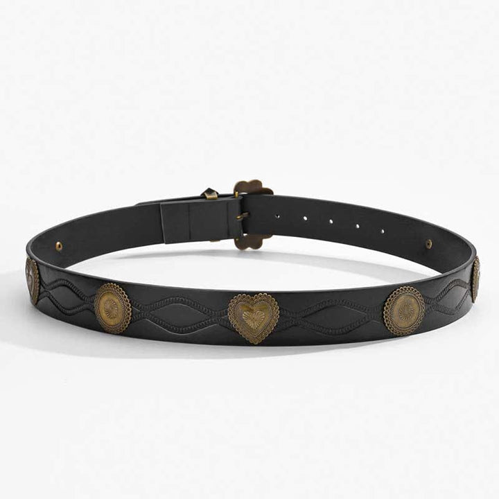 Antique Bronze Heart & Round Rivets Black Leather Belt - image 3