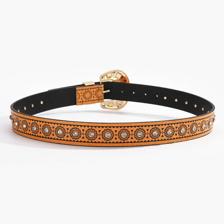 Vintage Exotic Metal Inlaid Artificial Diamonds Leather Belt - image 3