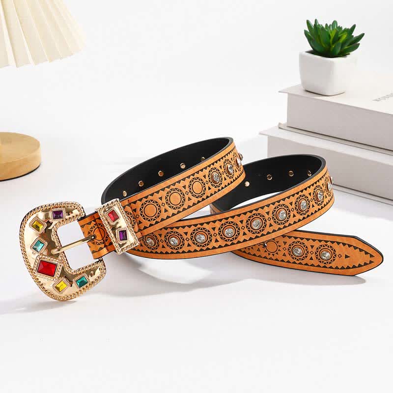 Vintage Exotic Metal Inlaid Artificial Diamonds Leather Belt - Orange - 40 - image 0