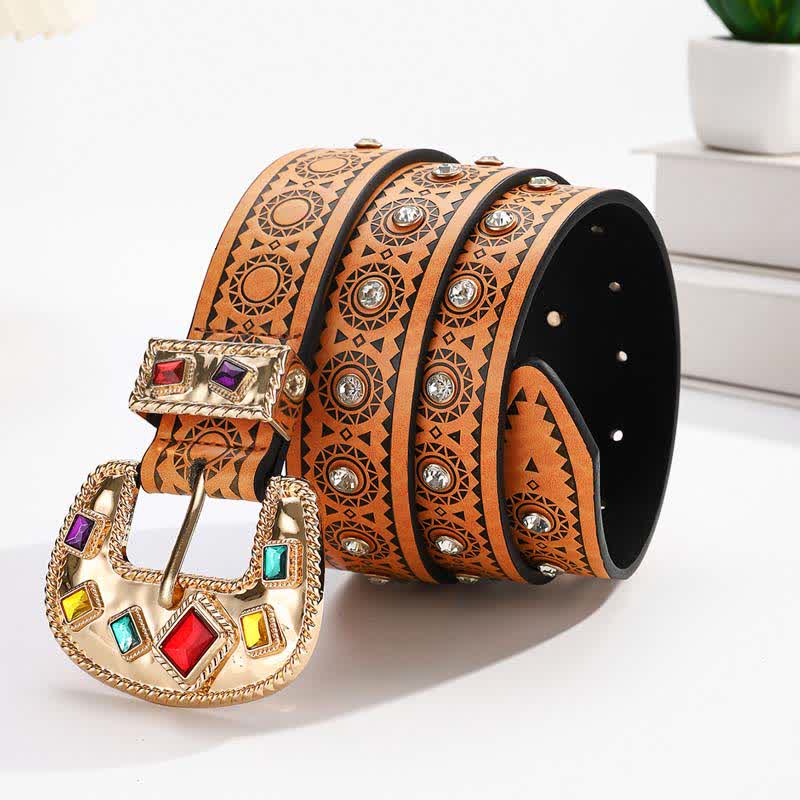 Vintage Exotic Metal Inlaid Artificial Diamonds Leather Belt - image 1