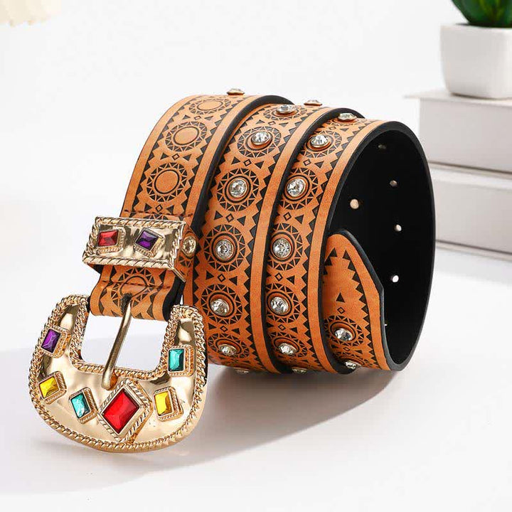 Vintage Exotic Metal Inlaid Artificial Diamonds Leather Belt - image 1