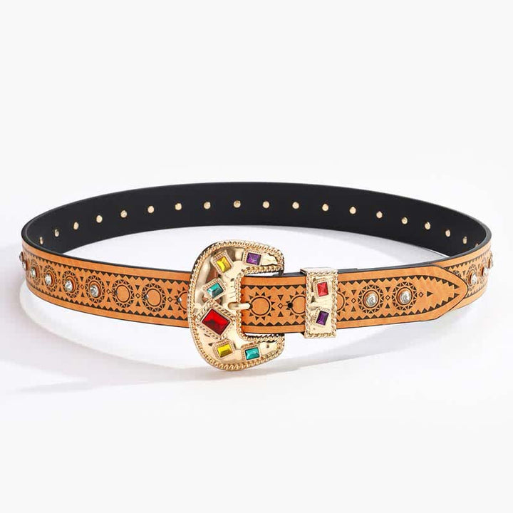 Vintage Exotic Metal Inlaid Artificial Diamonds Leather Belt - image 2
