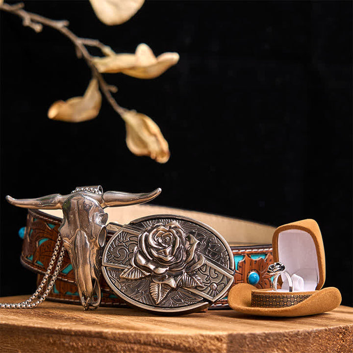 Rose Theme DIY Hidden Knife Belt Buckle Longhorn Bull Pendant Bundle Set - Rose - Turquoise Carved Belt - 42 - image 5