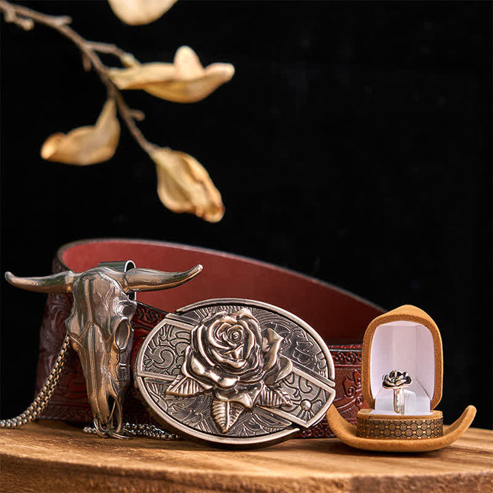 Rose Theme DIY Hidden Knife Belt Buckle Longhorn Bull Pendant Bundle Set - Rose - Brown Carved Belt - 42 - image 8