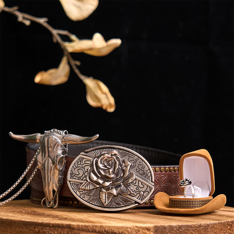 Rose Theme DIY Hidden Knife Belt Buckle Longhorn Bull Pendant Bundle Set - Rose - Brown Rivet Belt - 42 - image 6