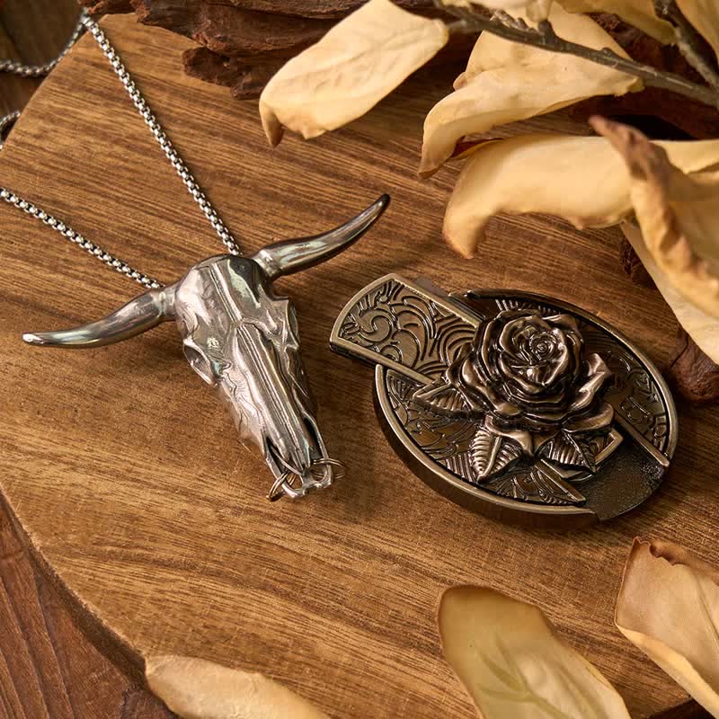 Rose Theme DIY Hidden Knife Belt Buckle Longhorn Bull Pendant Bundle Set - image 1