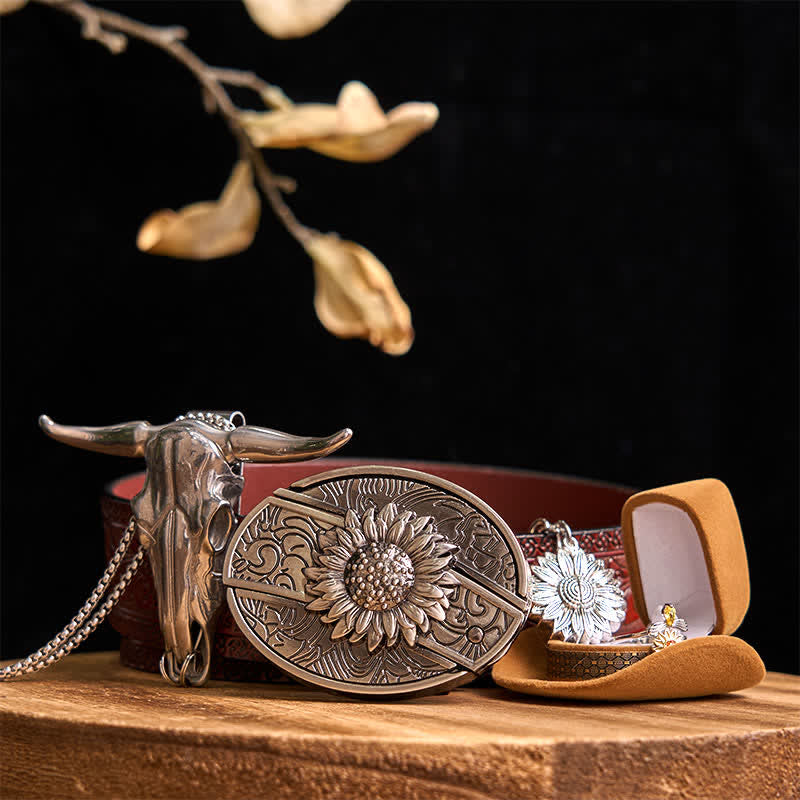 Sunflower Theme DIY Hidden Knife Belt Buckle Longhorn Bull Pendant Bundle Set - Sunflower - Brown Carved Belt - 42 - image 9