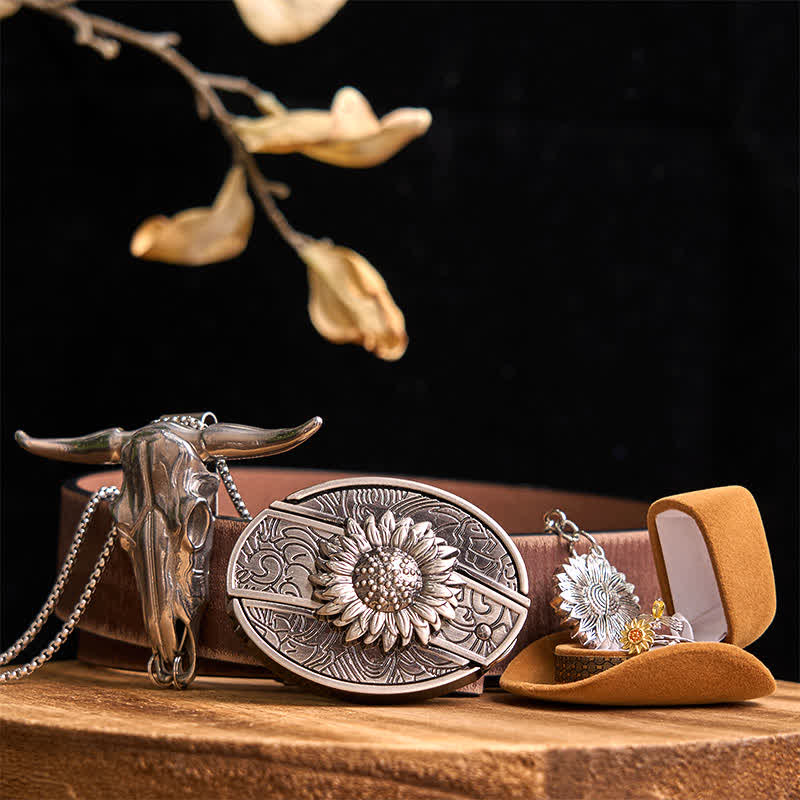 Sunflower Theme DIY Hidden Knife Belt Buckle Longhorn Bull Pendant Bundle Set - Sunflower - Brown Distressed Belt - 42 - image 8