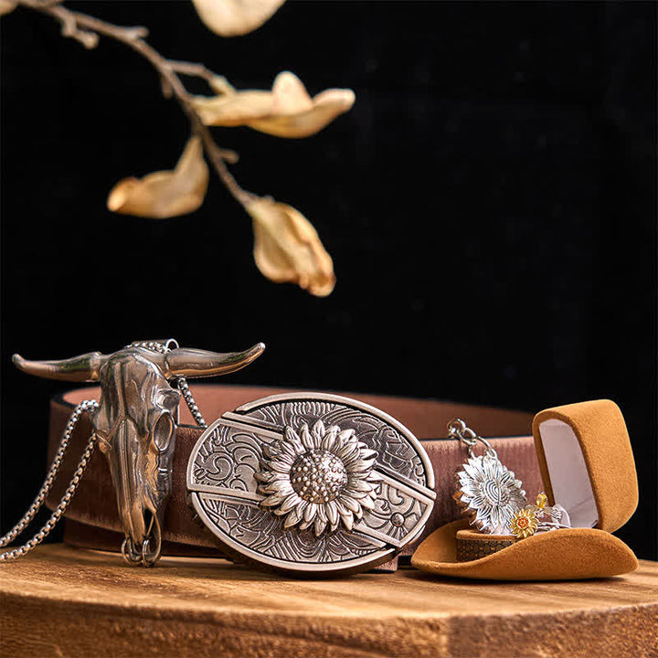 Sunflower Theme DIY Hidden Knife Belt Buckle Longhorn Bull Pendant Bundle Set - Sunflower - Brown Distressed Belt - 42 - image 8