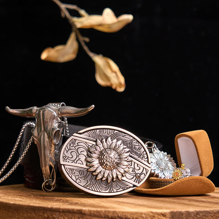 Sunflower Theme DIY Hidden Knife Belt Buckle Longhorn Bull Pendant Bundle Set - Sunflower - Black Embossed Eagle Belt - 42 - image 0