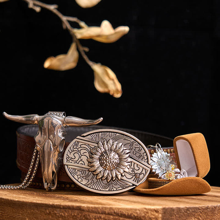 Sunflower Theme DIY Hidden Knife Belt Buckle Longhorn Bull Pendant Bundle Set - Sunflower - Brown Rivet Belt - 42 - image 7