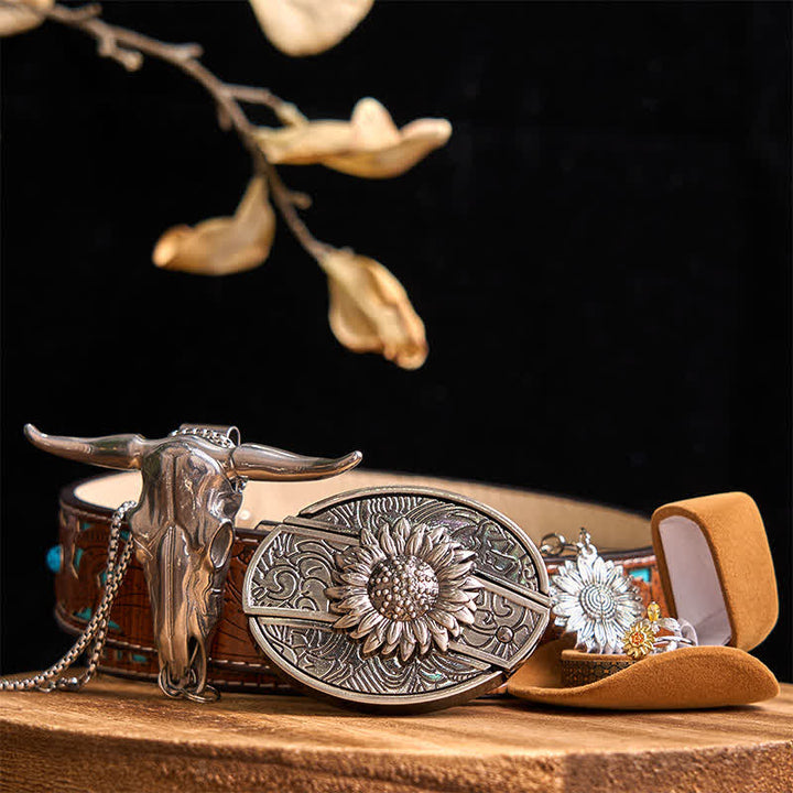 Sunflower Theme DIY Hidden Knife Belt Buckle Longhorn Bull Pendant Bundle Set - Sunflower - Turquoise Carved Belt - 42 - image 6