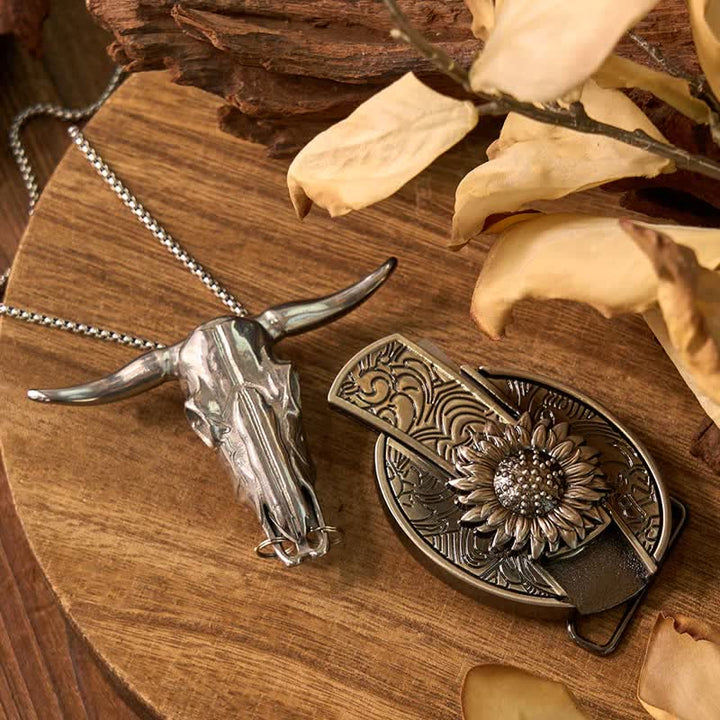 Sunflower Theme DIY Hidden Knife Belt Buckle Longhorn Bull Pendant Bundle Set - image 1