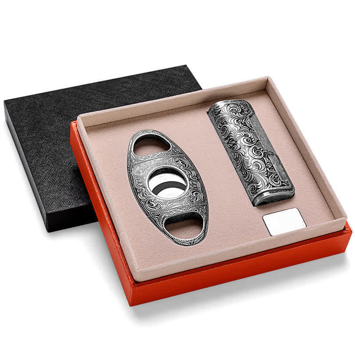Retro Carved Lighter Set & Cigar Cutter - 2Pcs - Silver - image 16