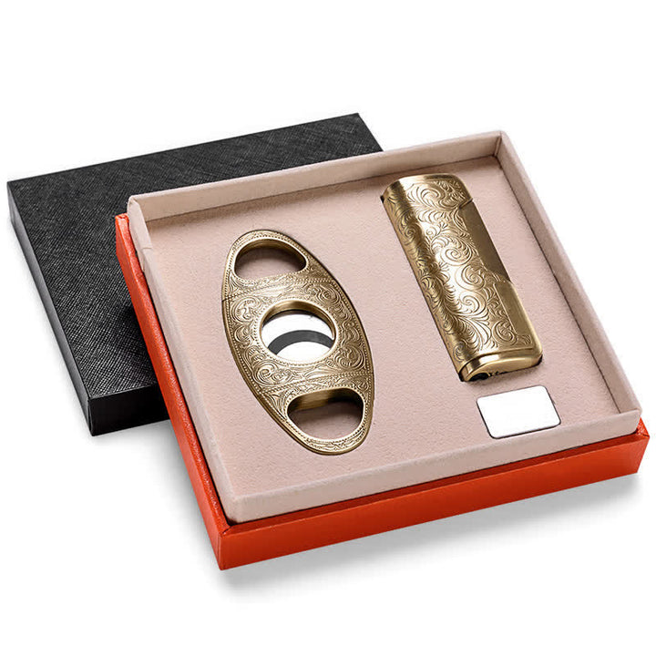 Retro Carved Lighter Set & Cigar Cutter - 2Pcs - Gold - image 2