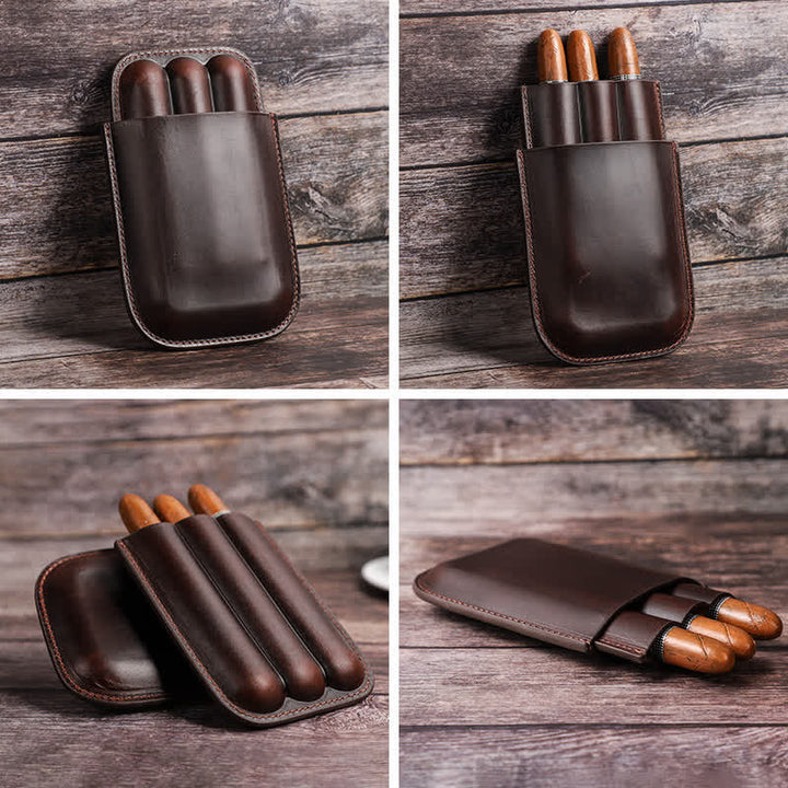 Brown Portable Cigar Humidor Leather Cigar Case (for Three Cigars)  - image 4