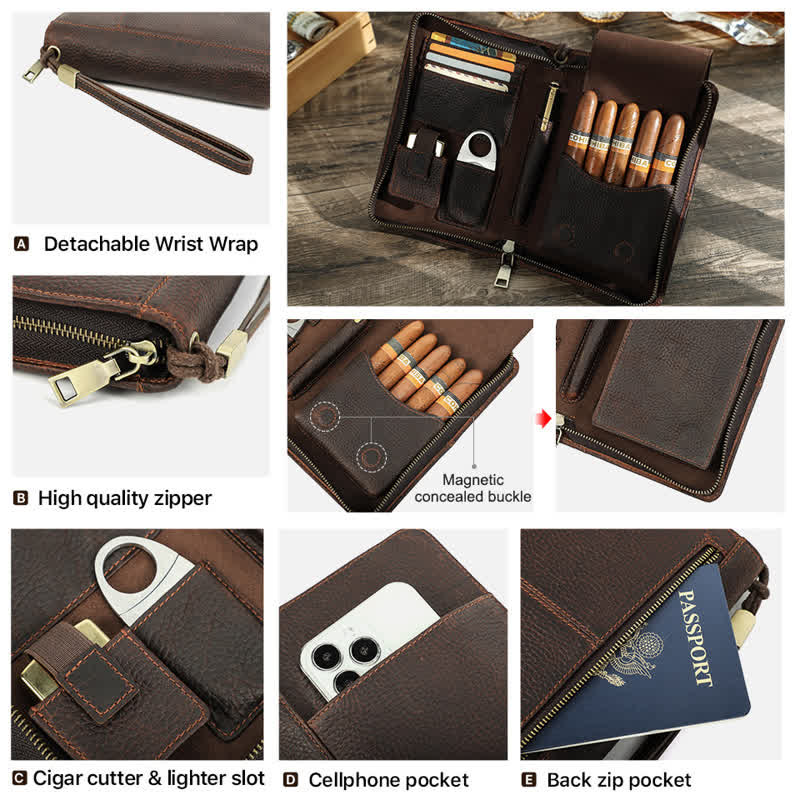 Travel Large Capacity Zipper Leather Cigar Case (For Five Cigars) - image 11