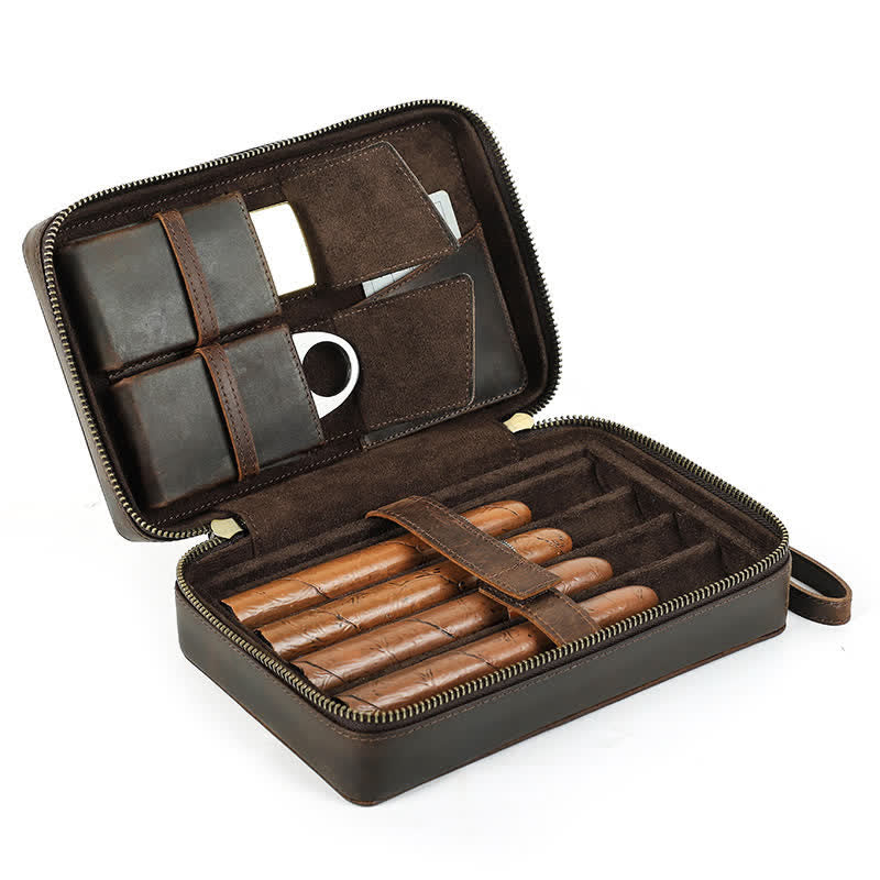 Crazy Horse Cowhide Zipper Leather Cigar Case (For Four Cigars) - image 3