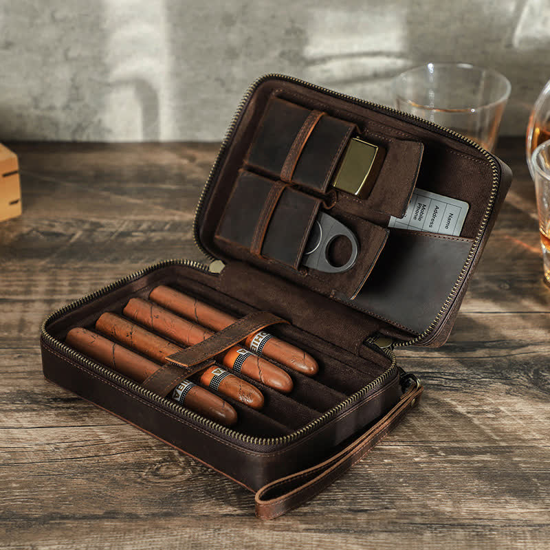 Crazy Horse Cowhide Zipper Leather Cigar Case (For Four Cigars) - image 0