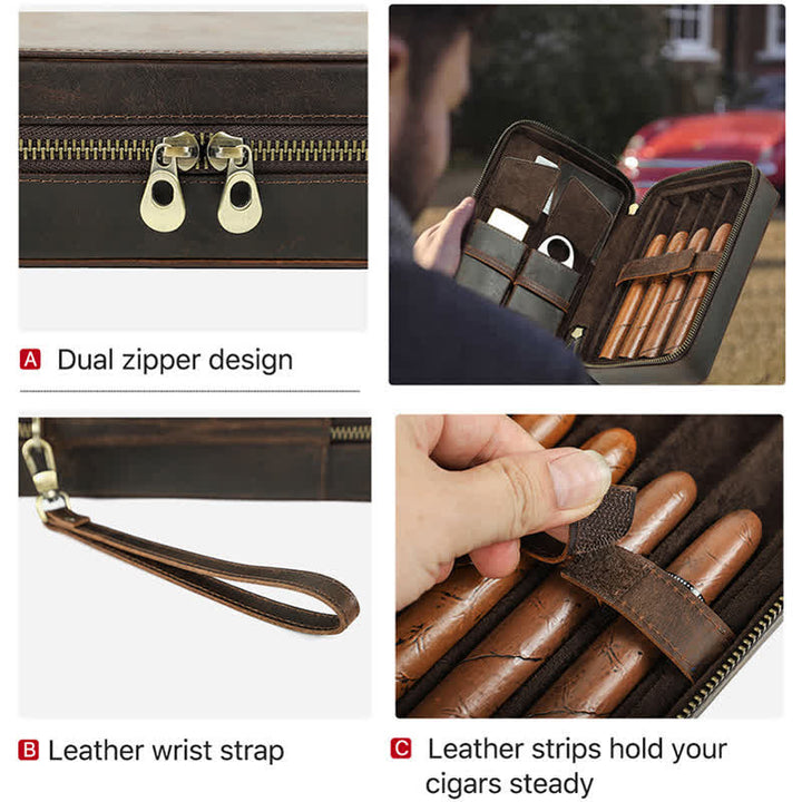 Crazy Horse Cowhide Zipper Leather Cigar Case (For Four Cigars) - image 6