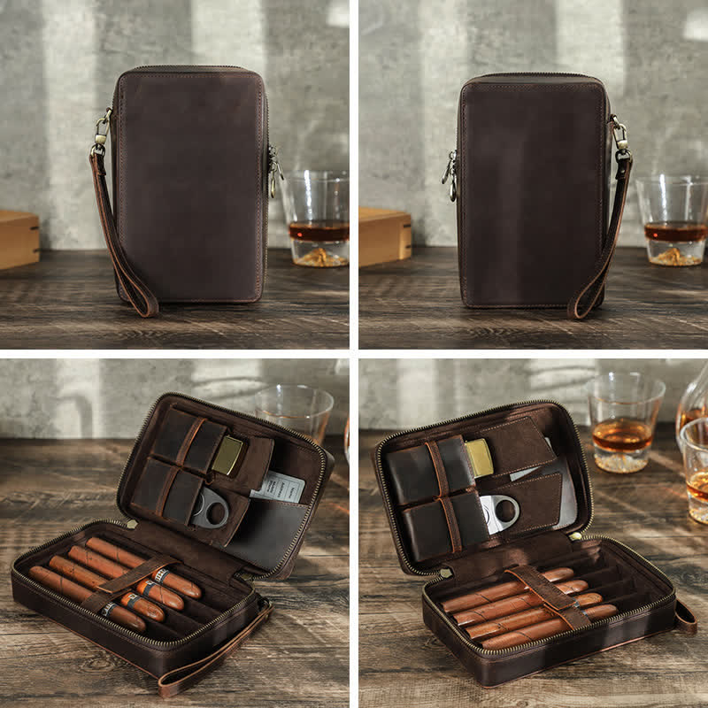 Crazy Horse Cowhide Zipper Leather Cigar Case (For Four Cigars) - image 5