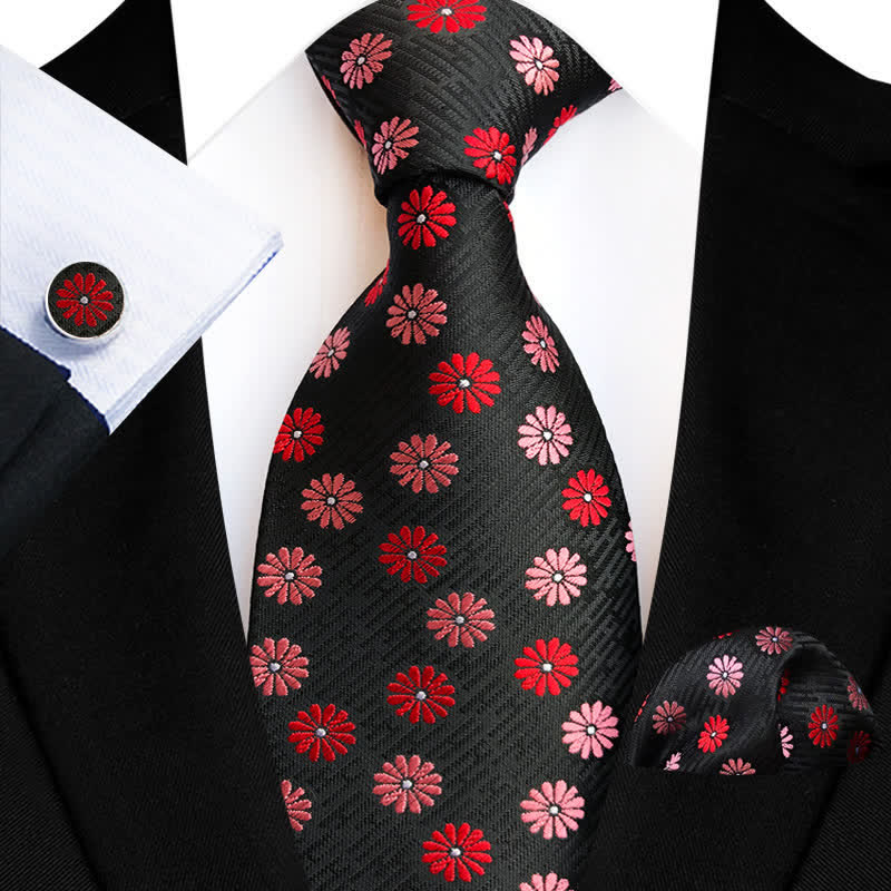 3Pcs Men's Little Daisy Floral Necktie Set - Red - image 1