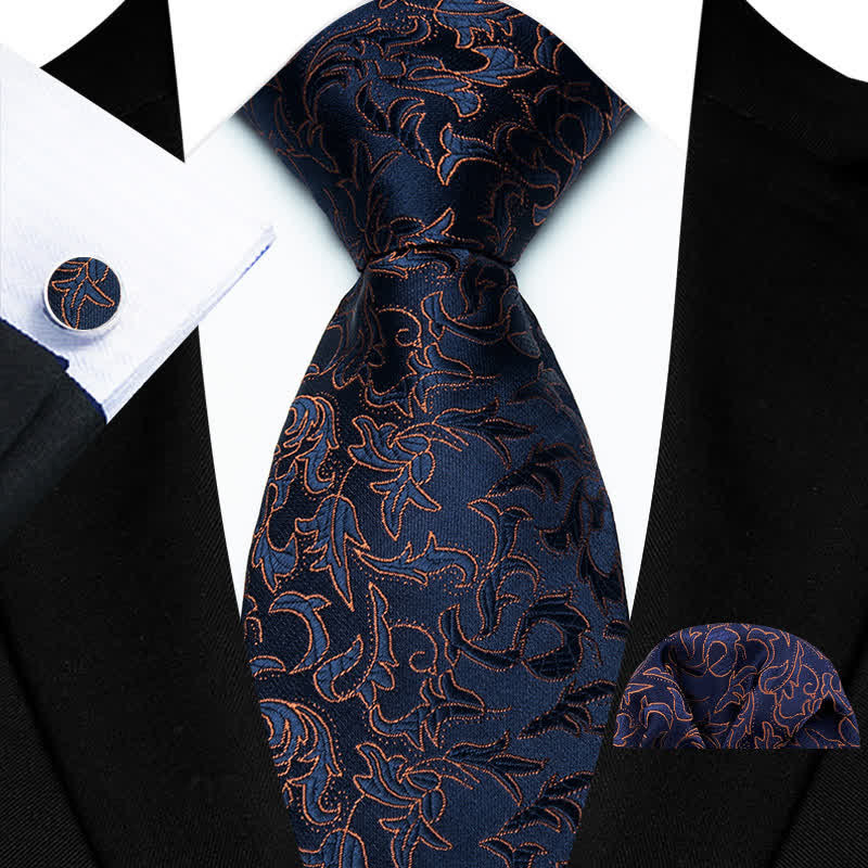 3Pcs Men's Novelty Leaves Wedding Necktie Set - Navy - image 1