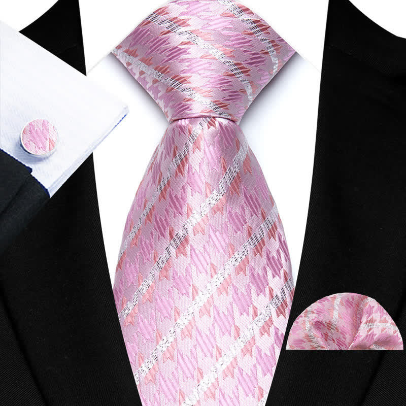 3Pcs Men's Luxury Pink Striped Houndstooth Necktie Set - Pink - image 0