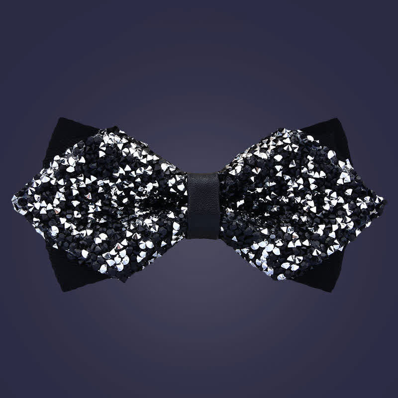Men's Casual Fashion Crystal Rhinestone Bow Tie - Black & Silver - Double Layer Pointy - image 5