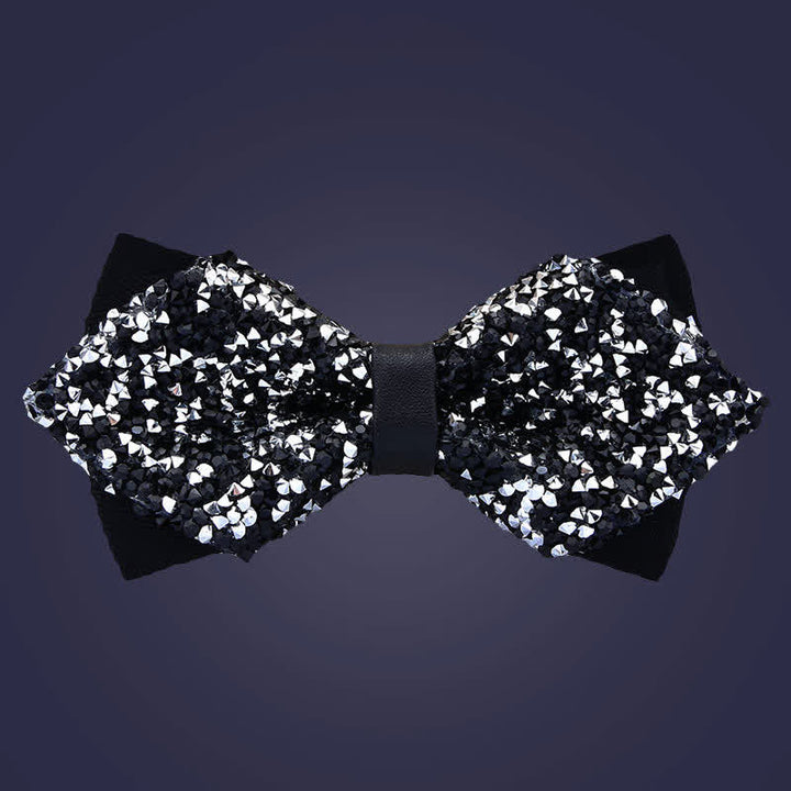 Men's Casual Fashion Crystal Rhinestone Bow Tie - Black & Silver - Double Layer Pointy - image 5
