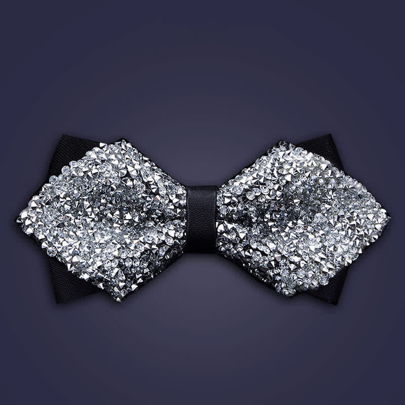 Men's Casual Fashion Crystal Rhinestone Bow Tie - Silver - Double Layer Pointy - image 3