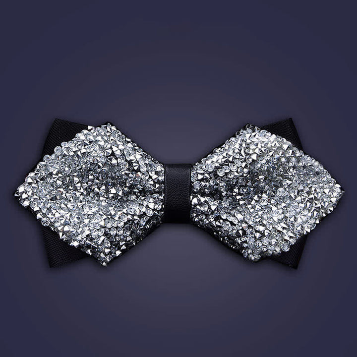Men's Casual Fashion Crystal Rhinestone Bow Tie - Silver - Double Layer Pointy - image 3