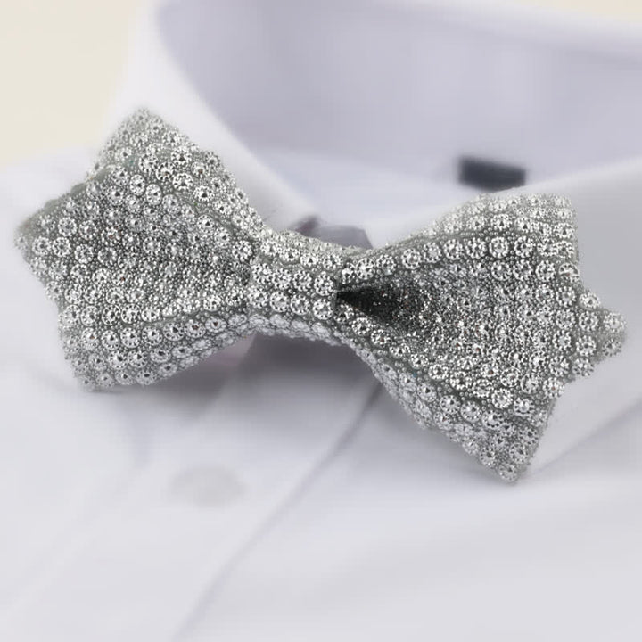 Men's Round Shape Double Layered Pointed Rhinestone Bow Tie - Silver - image 7