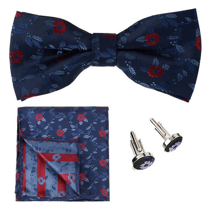 3Pcs Men's Coloured Flowers Pocket Square Bow Tie Set - Navy & Red - image 5
