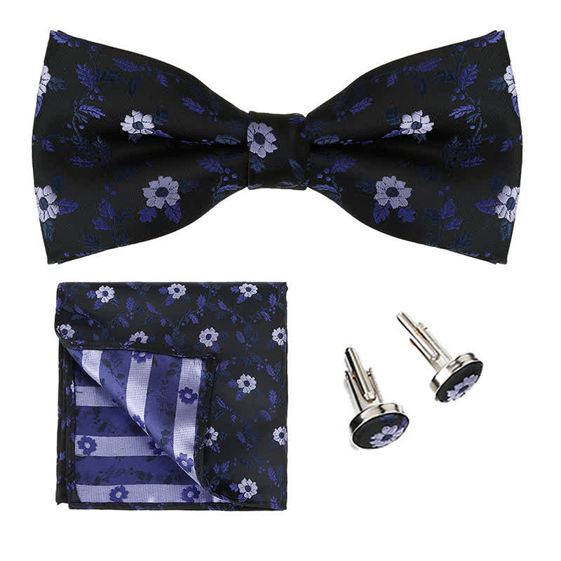 3Pcs Men's Coloured Flowers Pocket Square Bow Tie Set - Midnight Blue - image 0