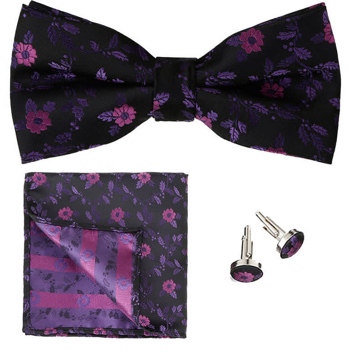 3Pcs Men's Coloured Flowers Pocket Square Bow Tie Set - Purple - image 6