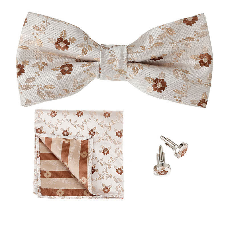 3Pcs Men's Coloured Flowers Pocket Square Bow Tie Set - Beige & Khaki - image 3